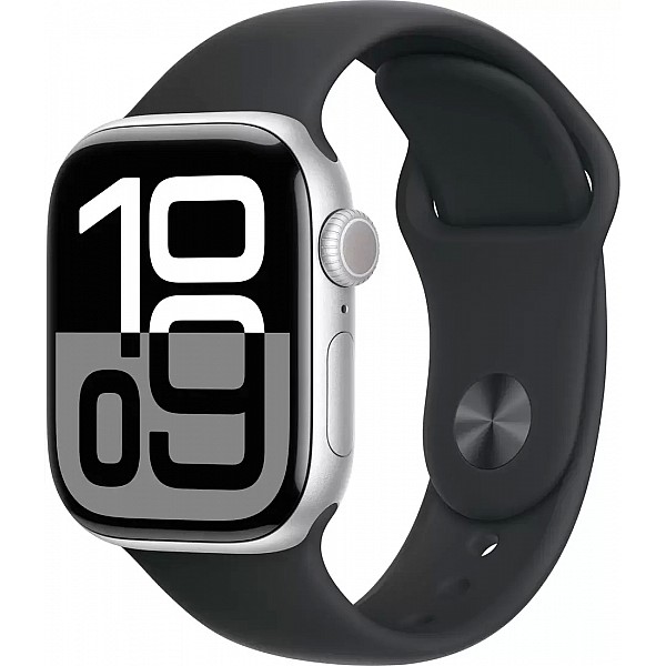 Умные часы Apple Watch Series 10 42 мм (алюминиевый корпус, серебристый/черный, спортивный силиконовый ремешок S/M)