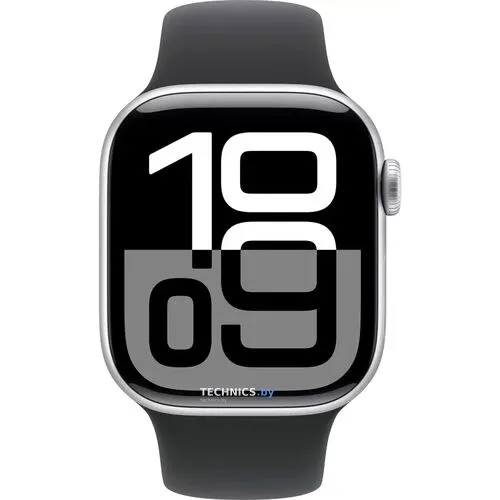 Умные часы Apple Watch Series 10 42 мм (алюминиевый корпус, серебристый/черный, спортивный силиконовый ремешок S/M)