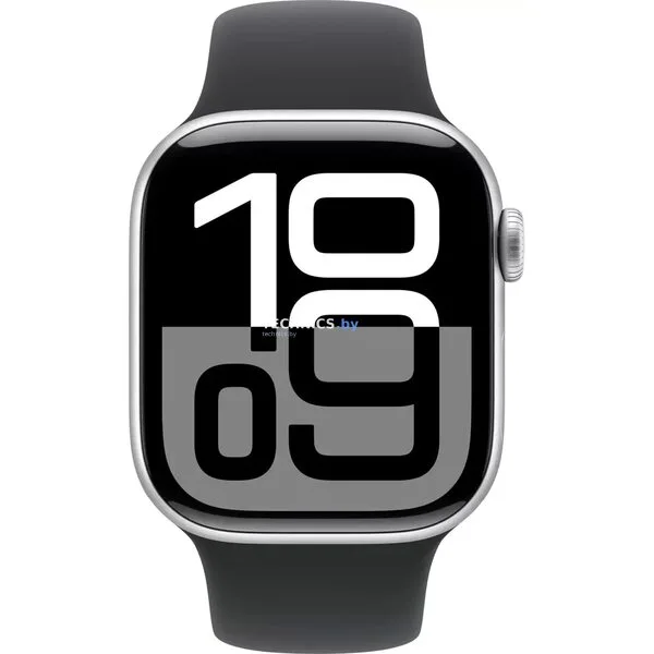 Умные часы Apple Watch Series 10 42 мм (алюминиевый корпус, серебристый/черный, спортивный силиконовый ремешок S/M)
