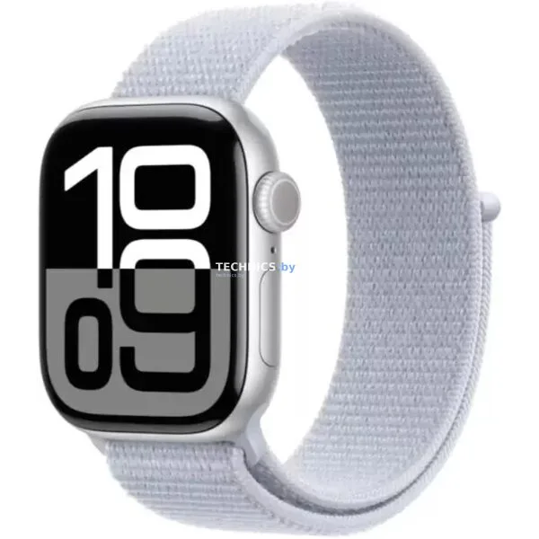 Умные часы Apple Watch Series 10 42 мм (алюминиевый корпус, серебристый/голубой, нейлоновый ремешок)