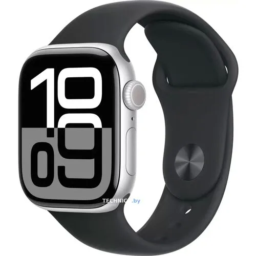 Умные часы Apple Watch Series 10 46 мм (алюминиевый корпус, серебристый/черный, спортивный силиконовый ремешок S/M)