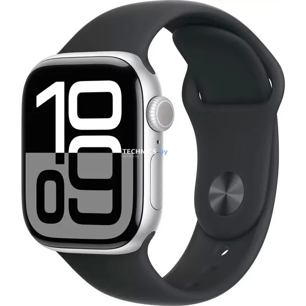 Умные часы Apple Watch Series 10 46 мм (алюминиевый корпус, серебристый/черный, спортивный силиконовый ремешок S/M)