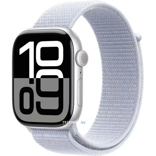Умные часы Apple Watch Series 10 46 мм (алюминиевый корпус, серебристый/голубой, нейлоновый ремешок)