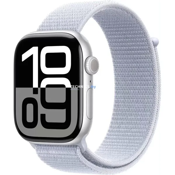 Умные часы Apple Watch Series 10 46 мм (алюминиевый корпус, серебристый/голубой, нейлоновый ремешок)