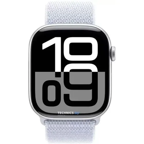 Умные часы Apple Watch Series 10 46 мм (алюминиевый корпус, серебристый/голубой, нейлоновый ремешок)