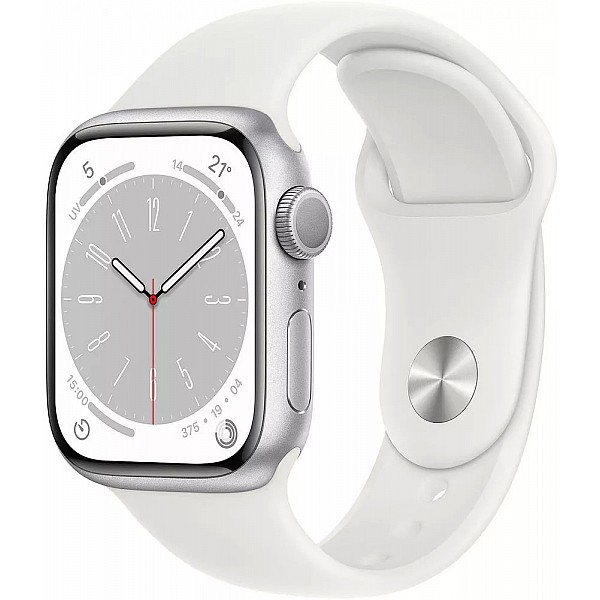 Умные часы Apple Watch Series 8 41 мм (алюминиевый корпус, серебристый/белый, спортивный силиконовый ремешок)