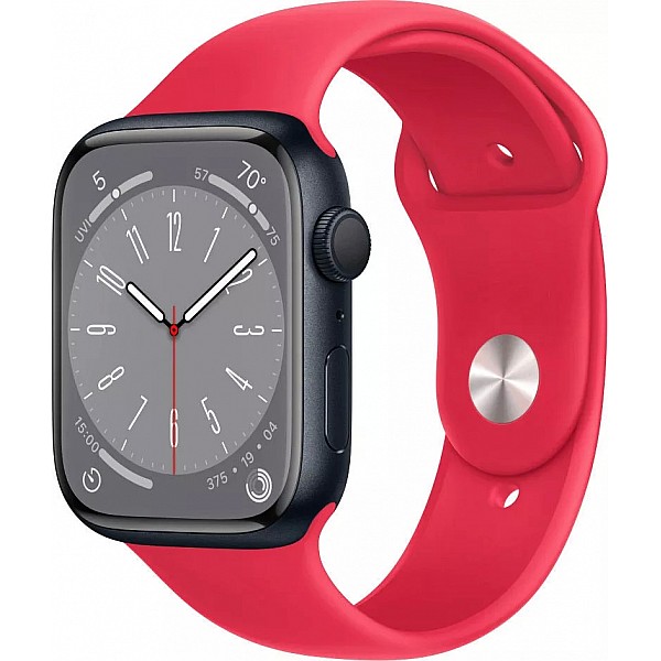 Умные часы Apple Watch Series 8 45 мм (алюминиевый корпус, полуночный/красный, спортивный силиконовый ремешок)