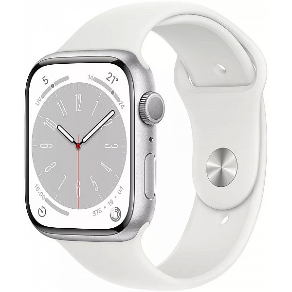 Умные часы Apple Watch Series 8 45 мм (алюминиевый корпус, серебристый/белый, спортивный силиконовый ремешок)