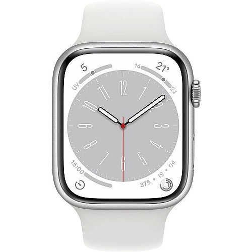 Умные часы Apple Watch Series 8 45 мм (алюминиевый корпус, серебристый/белый, спортивный силиконовый ремешок)