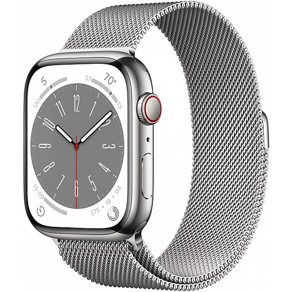 Умные часы Apple Watch Series 8 45 мм (корпус из нержавеющей стали, серебристый/серебристый, миланский сетчатый браслет)