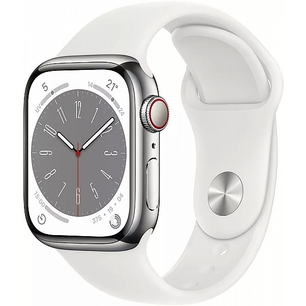 Умные часы Apple Watch Series 8 LTE 41 мм (корпус из нержавеющей стали, серебристый/белый, силиконовый ремешок)