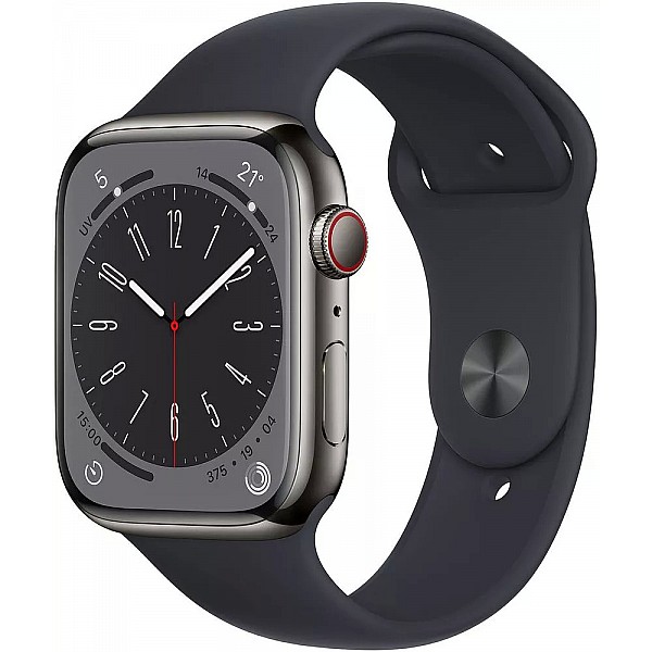 Умные часы Apple Watch Series 8 LTE 45 мм (корпус из нержавеющей стали, темно-серый/темно-серый, силиконовый ремешок)