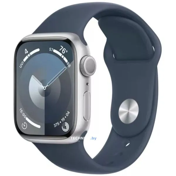 Умные часы Apple Watch Series 9 41 мм (алюминиевый корпус, серебристый/грозовой синий, спортивный силиконовый ремешок)