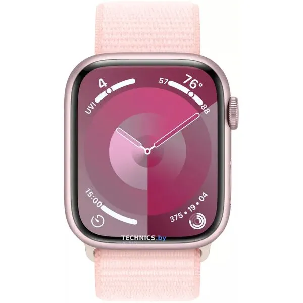 Умные часы Apple Watch Series 9 45 мм (алюминиевый корпус, розовый/розовый, спортивный нейлоновый ремешок)