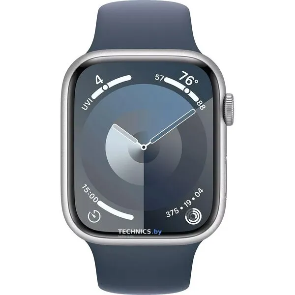 Умные часы Apple Watch Series 9 45 мм (алюминиевый корпус, серебристый/грозовой синий, спортивный силиконовый ремешок M/L)