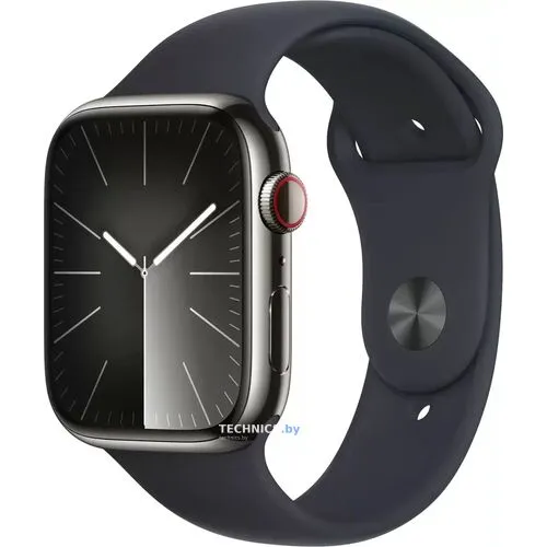 Умные часы Apple Watch Series 9 LTE 45 мм (корпус из нержавеющей стали, графит/полуночный, спортивный силиконовый ремешок M/L)