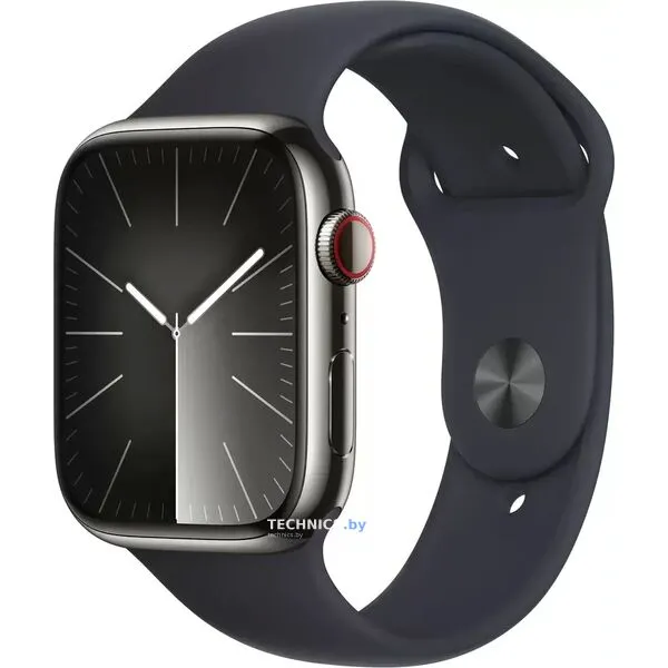 Умные часы Apple Watch Series 9 LTE 45 мм (корпус из нержавеющей стали, графит/полуночный, спортивный силиконовый ремешок M/L)