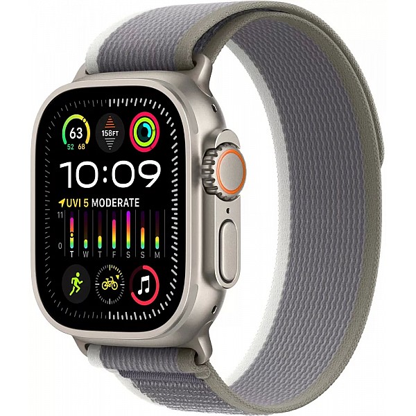 Умные часы Apple Watch Ultra 2 LTE 49 мм (титановый корпус, титановый/серо-зеленый, нейлоновый ремешок размера S/M)