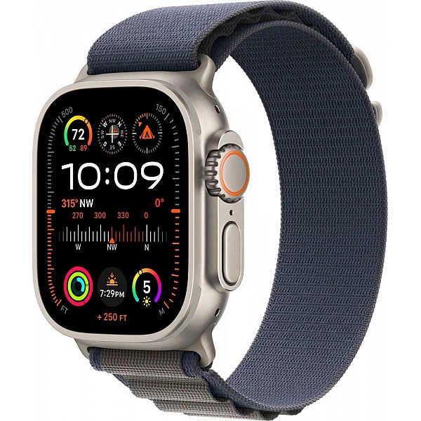 Умные часы Apple Watch Ultra 2 LTE 49 мм (титановый корпус, титановый/синий, текстильный ремешок размера M)