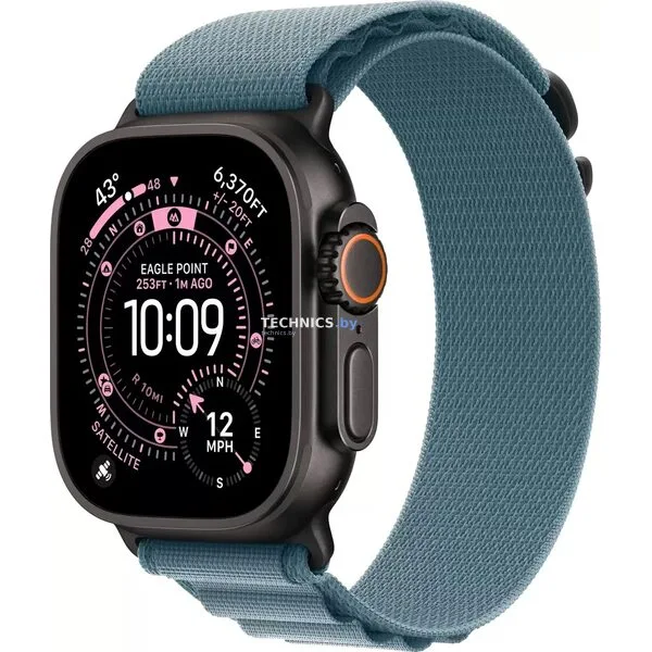 Умные часы Apple Watch Ultra 3 LTE 49 мм (титановый корпус, черный/голубой, текстильный ремешок размера M)