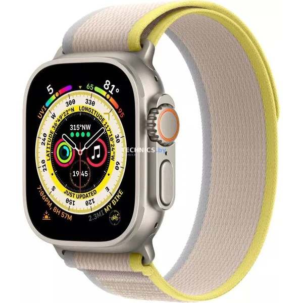 Умные часы Apple Watch Ultra LTE 49 мм (титановый корпус, титановый/желто-бежевый, нейлоновый ремешок размера M/L)