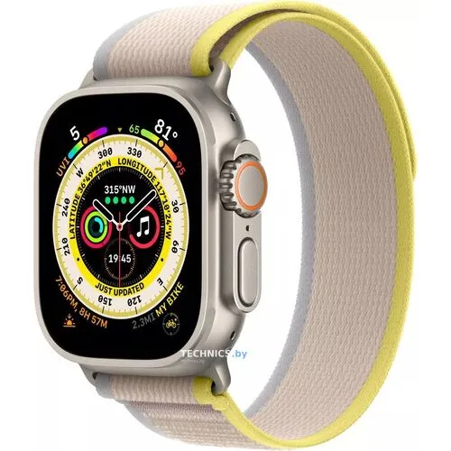 Умные часы Apple Watch Ultra LTE 49 мм (титановый корпус, титановый/желто-бежевый, нейлоновый ремешок размера S/M)