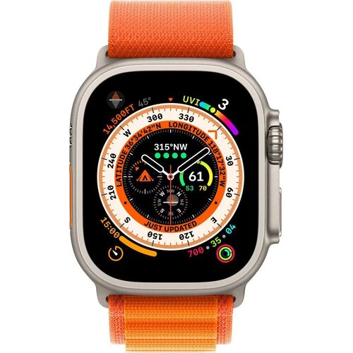 Умные часы Apple Watch Ultra LTE 49 мм (титановый корпус, титановый/оранжевый, текстильный ремешок размера L)