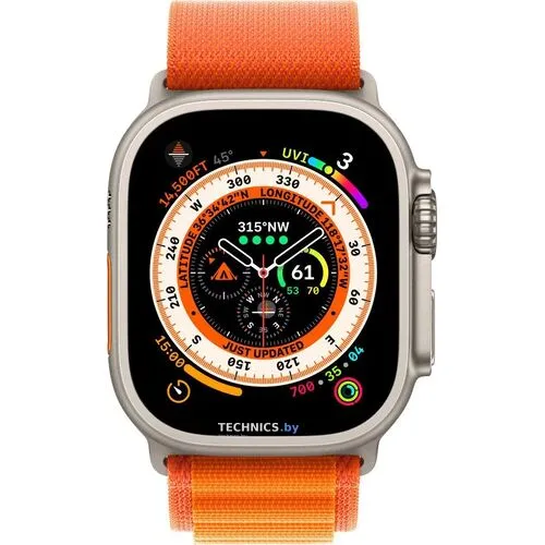 Умные часы Apple Watch Ultra LTE 49 мм (титановый корпус, титановый/оранжевый, текстильный ремешок размера L)