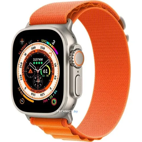 Умные часы Apple Watch Ultra LTE 49 мм (титановый корпус, титановый/оранжевый, текстильный ремешок размера M)