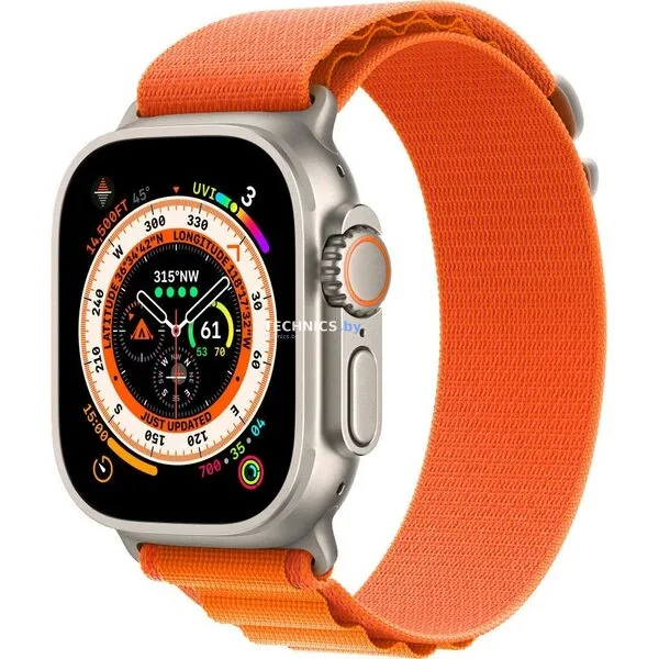 Умные часы Apple Watch Ultra LTE 49 мм (титановый корпус, титановый/оранжевый, текстильный ремешок размера M)