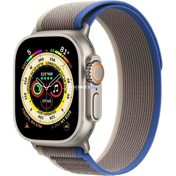 Умные часы Apple Watch Ultra LTE 49 мм (титановый корпус, титановый/сине-серый, нейлоновый ремешок размера S/M)