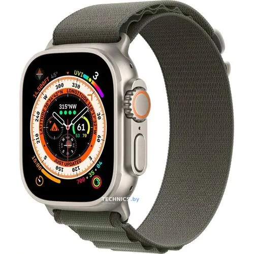Умные часы Apple Watch Ultra LTE 49 мм (титановый корпус, титановый/темно-зеленый, текстильный ремешок размера L)
