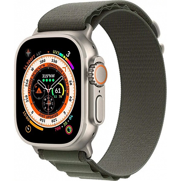 Умные часы Apple Watch Ultra LTE 49 мм (титановый корпус, титановый/темно-зеленый, текстильный ремешок размера M)