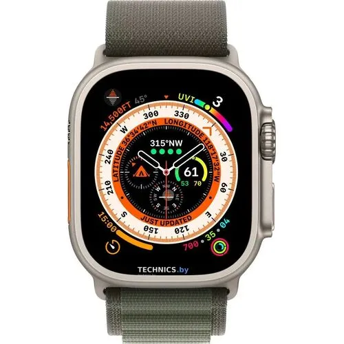 Умные часы Apple Watch Ultra LTE 49 мм (титановый корпус, титановый/темно-зеленый, текстильный ремешок размера M)