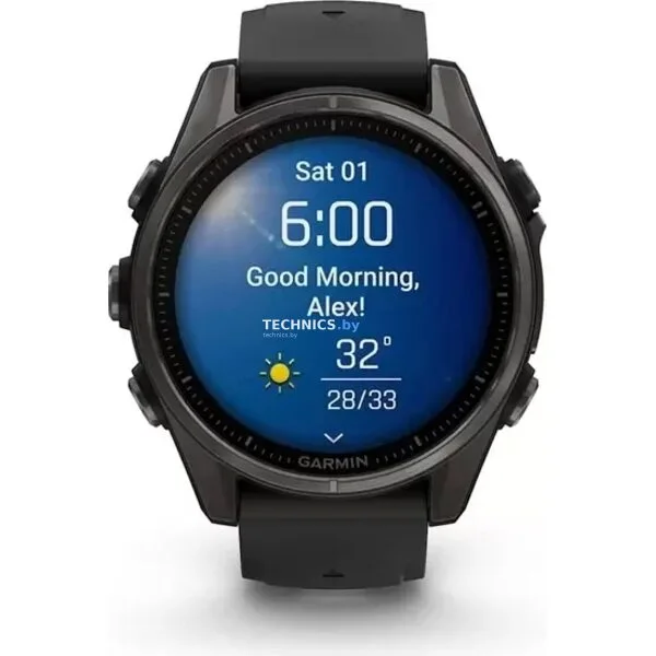 Умные часы Garmin Fenix 8 Sapphire 43мм (титановый угольно-черный DLC, пепельно-серый ремешок)