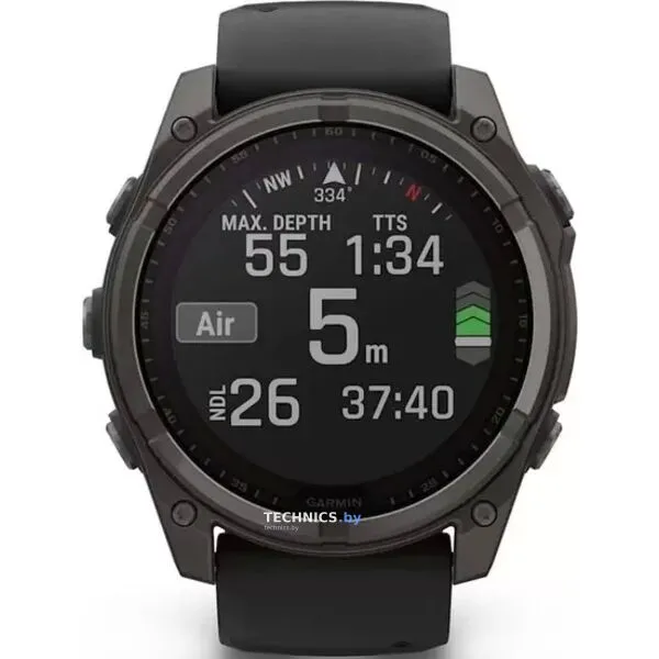 Умные часы Garmin Fenix 8 Solar, Sapphire 51мм (титановый угольно-серый с DLC-покрытием и черным ремешком)