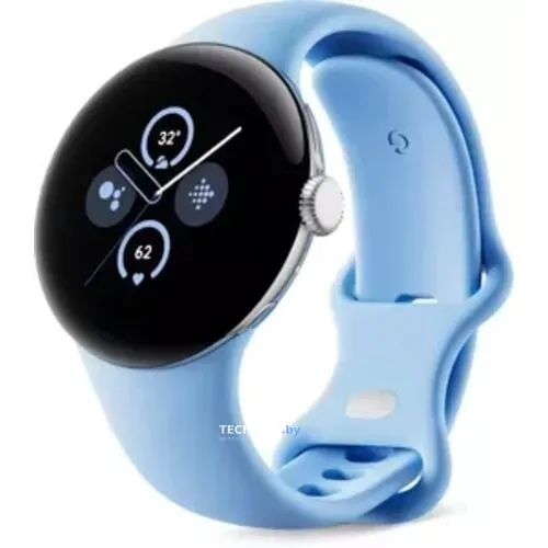 Умные часы Google Pixel Watch 2 LTE (глянцевый серебристый/залив, спортивный силиконовый ремешок)