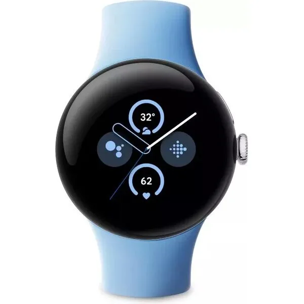 Умные часы Google Pixel Watch 2 LTE (глянцевый серебристый/залив, спортивный силиконовый ремешок)