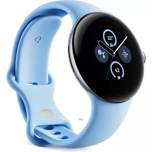 Умные часы Google Pixel Watch 2 LTE (глянцевый серебристый/залив, спортивный силиконовый ремешок)