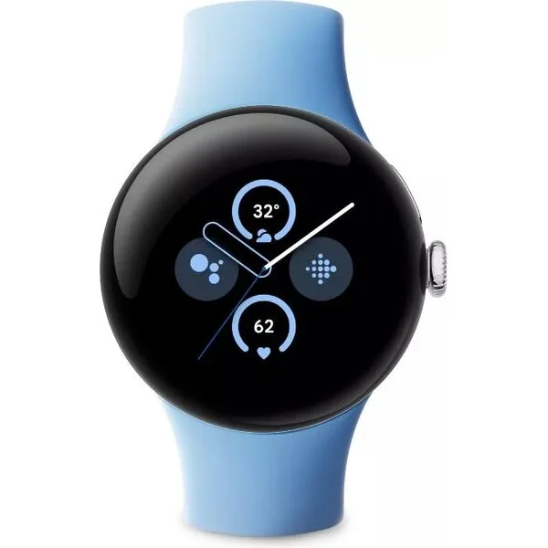 Умные часы Google Pixel Watch 2 (глянцевый серебристый/залив, спортивный силиконовый ремешок)