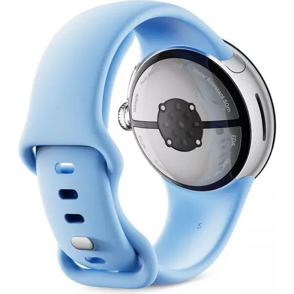 Умные часы Google Pixel Watch 2 (глянцевый серебристый/залив, спортивный силиконовый ремешок)