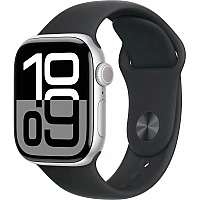 Умные часы Apple Watch Series 10 42 мм (алюминиевый корпус, серебристый/черный, спортивный силиконовый ремешок S/M)