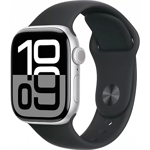 Умные часы Apple Watch Series 10 42 мм (алюминиевый корпус, серебристый/черный, спортивный силиконовый ремешок S/M)