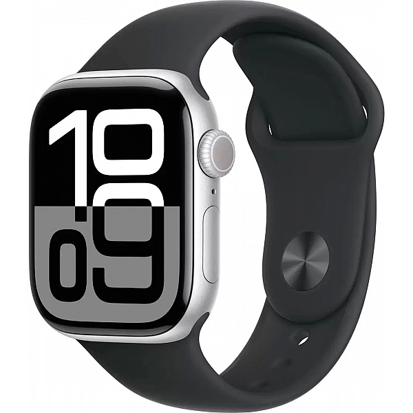 Умные часы Apple Watch Series 10 42 мм (алюминиевый корпус, серебристый/черный, спортивный силиконовый ремешок S/M)