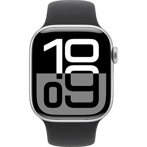 Умные часы Apple Watch Series 10 42 мм (алюминиевый корпус, серебристый/черный, спортивный силиконовый ремешок S/M)