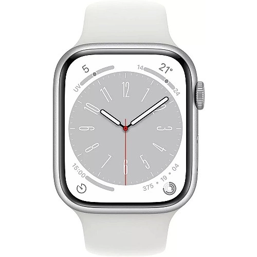 Умные часы Apple Watch Series 8 45 мм (алюминиевый корпус, серебристый/белый, спортивный силиконовый ремешок)