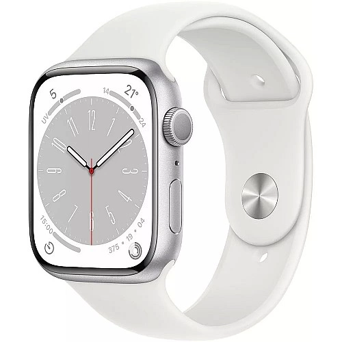 Умные часы Apple Watch Series 8 45 мм (алюминиевый корпус, серебристый/белый, спортивный силиконовый ремешок M/L)