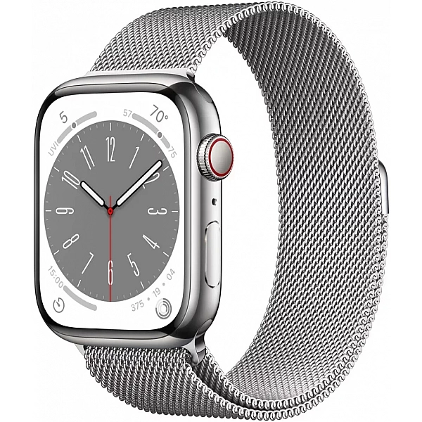 Умные часы Apple Watch Series 8 45 мм (корпус из нержавеющей стали, серебристый/серебристый, миланский сетчатый браслет)