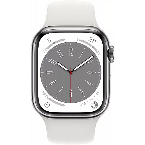 Умные часы Apple Watch Series 8 LTE 41 мм (корпус из нержавеющей стали, серебристый/белый, силиконовый ремешок)