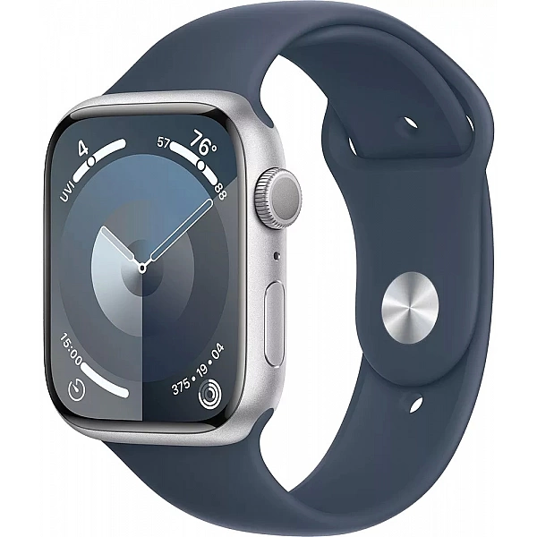Умные часы Apple Watch Series 9 45 мм (алюминиевый корпус, серебристый/грозовой синий, спортивный силиконовый ремешок M/L)